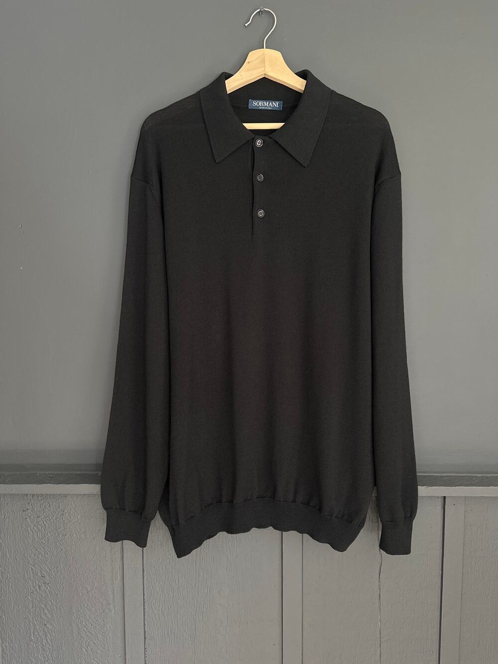 Sormani Black Wool Silk Cashmere Long Sleeve Knit Polo Shirt Made in Italy XXL